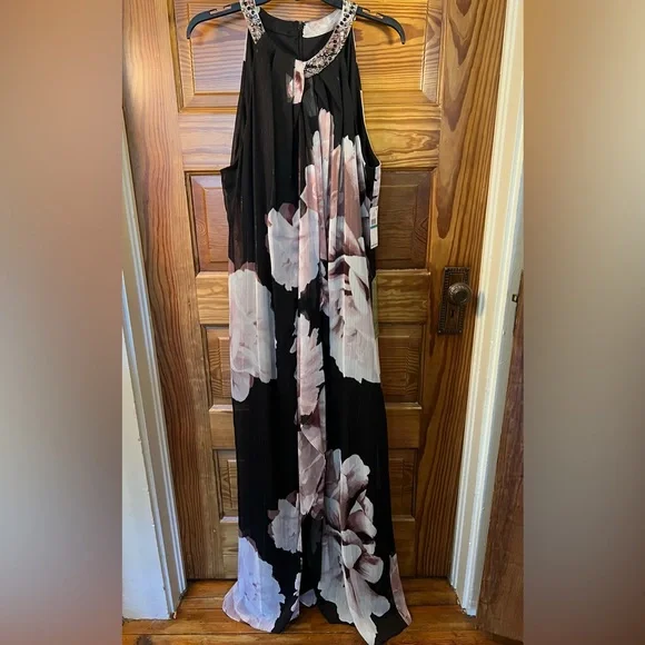 SLNY Black Floral Halter A-Line Party Mardi Gras Dress Side Slit 16 - Picture 3 of 13